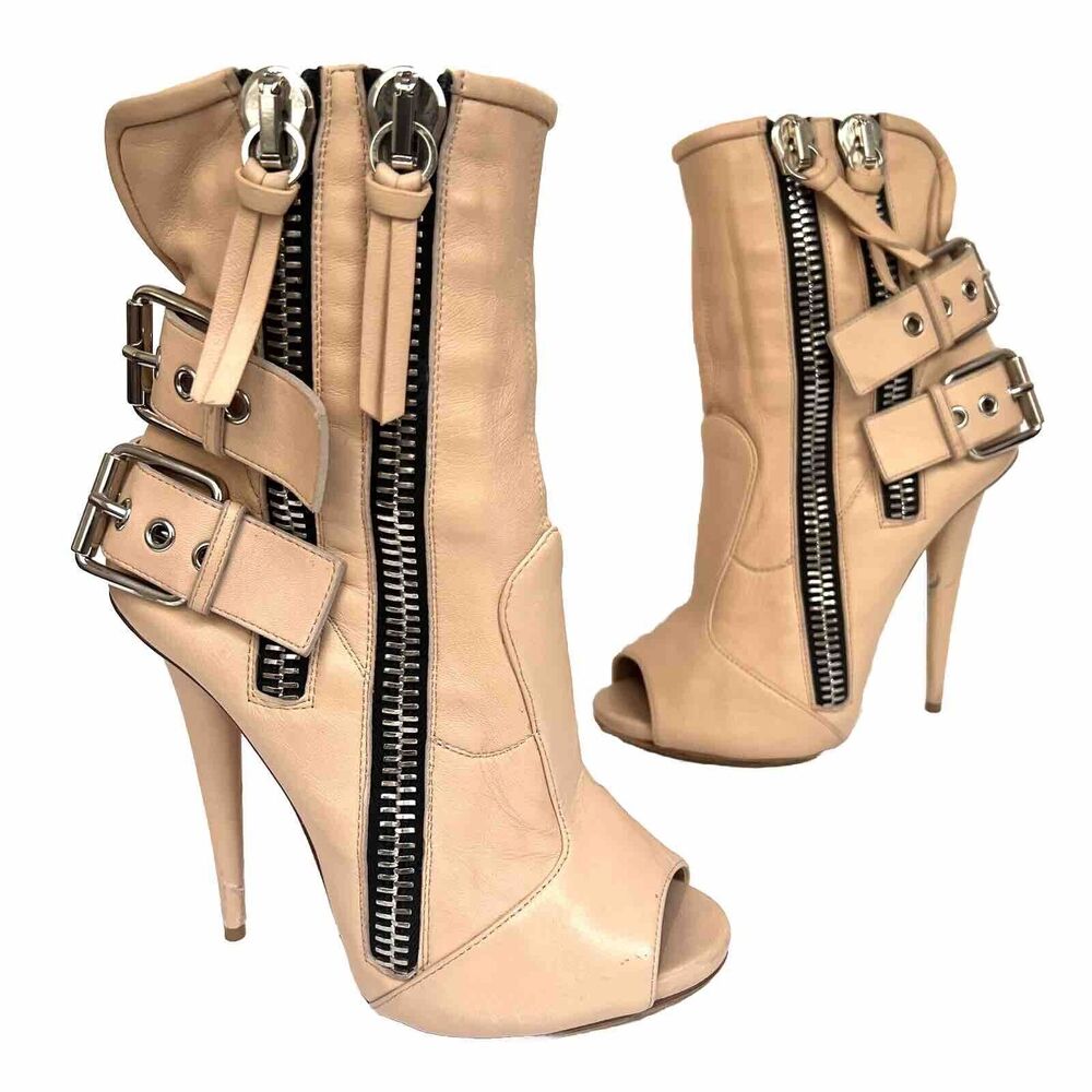 Giuseppe Zanotti Double Buckle Biker Peep Toe Booties Size 38 In Blush